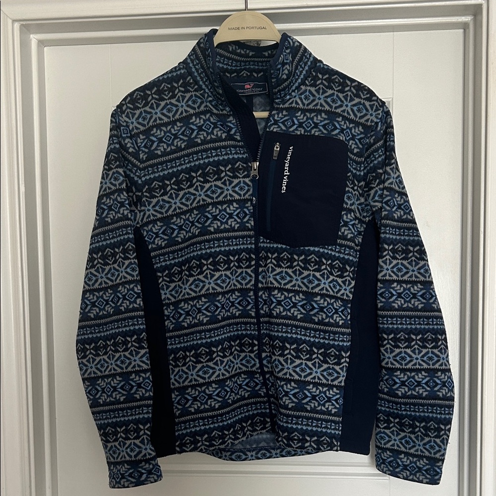Vineyard Vine Boy's Navy and White Zip-Up Fair Isle Jacket